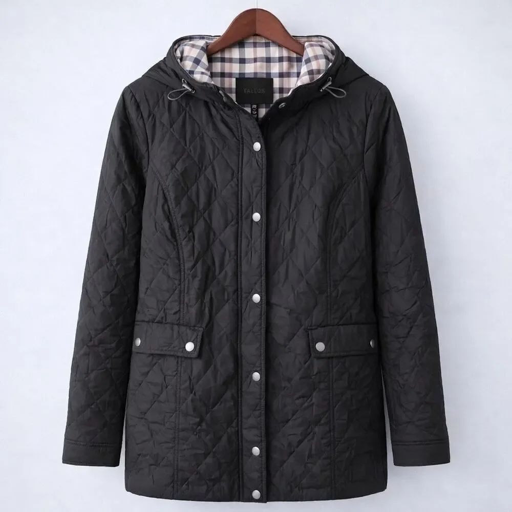 Talbots Women’s Black Quilted Full Zip Snap Hooded Coat Jacket M Medium